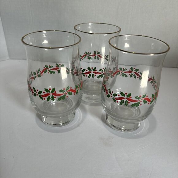 Libbey Holly & Berry Christmas Tumblers‎ Clear Glass Gold Rim 5 1/4" Vintage 3 - Picture 9 of 10